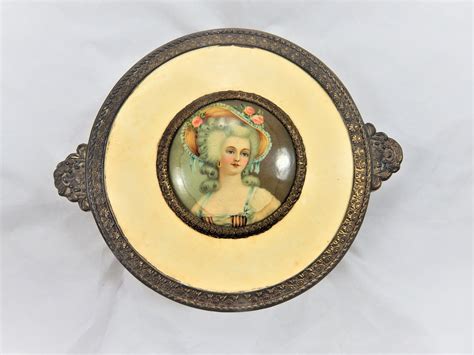 pncw metal brass trinket box with victorian lady|EARLY 1900's PNCW BRASS POWDER BOX VICTORIAN .